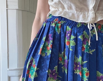 Vintage Cobalt Blue Silky Flora Pleated Skirt with Elasticized Waist size Medium / Large