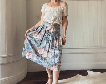 70s Floral Pleated French Blue Midi Skirt by Gillian Perrie Size Medium