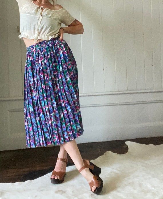Vintage Satiny Colorful Impressionist Skirt with … - image 6