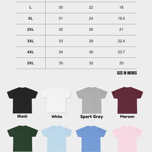 May include: Image of a size chart and t-shirt colour options. The size chart shows measurements in inches for length, width, and sleeve. Colours include black, white, sport grey, maroon, forest green, light blue, Carolina blue, light pink, navy, azalea, royal, charcoal, and red.