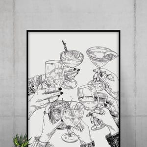 Cheers muurkunst – afdrukbare handgetekende cocktail | Decoratie barwagen | Drankschets | Digitale download | Verticale inktlijntekening