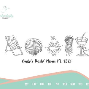 Könnte beinhalten: Strichzeichnung mit Strandmotiven: Liegestuhl, Muschel, Bikini, Qualle und Cocktail. Der Text "Emily's Bach/ Miami FL 2025" ist ebenfalls enthalten. Das Bild hat einen hellen Hintergrund.
