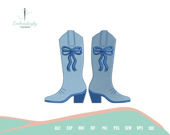Botte de cow-girl à broderie machine avec noeud, conception de point de remplissage de Style coquette, motif de broderie de botte western, fichier de projet de couture bricolage mignon