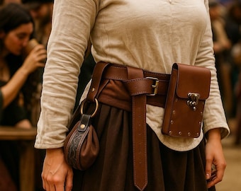 Cinturón medieval de cuero con monedero, bolsa para disfraz renacentista, riñonera steampunk para cosplay, accesorio de fantasía para LARP, equipo para disfraces de rol.