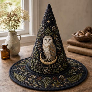 May include: A black quilted witch hat featuring an embroidered barn owl perched on a crescent moon. The design includes intricate botanical patterns of ferns, small flowers, and berries, with celestial star and moon phase motifs stitched in gold thread.