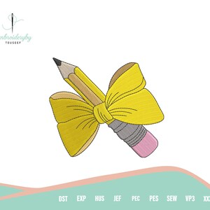 May include: A yellow pencil with a black tip and pink eraser is adorned with a large yellow bow. The design is an embroidery pattern, with the text "Embroideryby TOUSEEF" in the upper left corner.