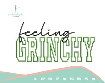 Może przedstawiać: Cyfrowy projekt z napisem "Feeling Grinchy" w czarnym skrypcie i zielonych blokowych literach. Projekt zawiera logo i skróty typów plików na dole, na białym tle z miętowo-zielonym i różowym akcentem.