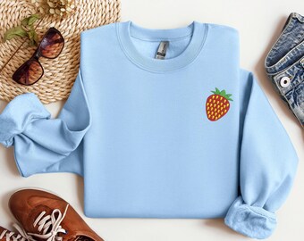 Embroidered Mini Strawberry Sweatshirt, Women’s Crewneck Sponge Fleece, Stitched Fruit Sweater, Cute Strawberry Shirt, Cozy Casual Pullover