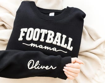 Football Mama Sweatshirt with Kids Name on Sleeve, Custom Game Day Mom Crewneck Shirt, Personalized Football Lover Top, Cheer Mom Gift