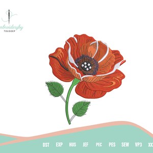 Könnte beinhalten: Gestickte rote Mohnblume mit weißen Akzenten, grünem Stiel und Blättern. Die Blume hat ein detailliertes Design mit einem dunklen Zentrum. Der Text "Embroideryby TOUSEEF" und Dateityp-Abkürzungen sind enthalten.