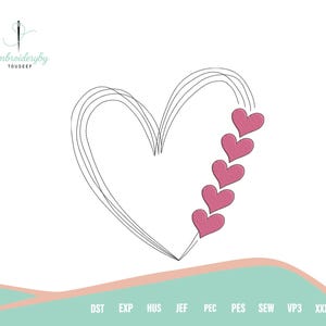 May include: An embroidery design featuring a heart shape with a series of curved lines and five pink hearts on the right side. The design is set against a white background, with the text "Embroideryby TOUSEEF" in the upper left corner.
