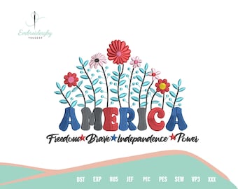 Bordado patriótico de flores silvestres, archivo de puntada de bordado estadounidense de 1776, diseño de bordado a máquina del 4 de julio, patrón floral del Día de la Independencia
