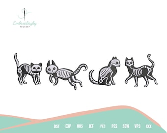 Halloween Cat Embroidery Patterns, Skeleton Cats Digital Machine Embroidery, Black Cat Lover Stitch Files, Spooky Download, 70% Off Now