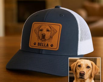 Engraved Dog Trucker Hat, Custom Dog Photo Leather Patch Hat, Dog Dad Hat, Personalized Father&#39;s Day Gift, Pet Lover Hat, Gift for Dad