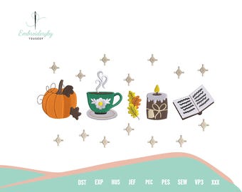 Pumpkin and Books Embroidery Pattern, Autumn Book Lover Embroidery Designs, Cozy Fall Machine Embroidery, Bookish Autumn Decor, Download