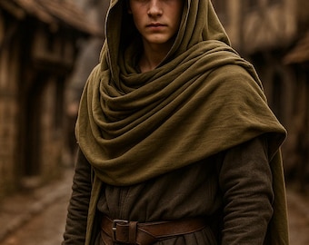 May include: A person wearing an olive green hooded cloak and a brown belt. The cloak is draped over the shoulders. The person is standing on a cobbled street. The clothing appears to be made of a heavy fabric.
