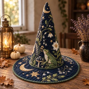 May include: A dark blue quilted witch hat featuring intricate embroidery of a green frog, a mushroom, white flowers, golden stars, and a crescent moon. The conical hat has a wide, flat brim and is decorated with botanical vines and celestial motifs.