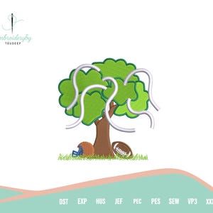 May include: An embroidered design featuring a tree with green leaves and a brown trunk. A football and helmet are at the base of the tree. The design includes the text "Embroideryby TOUSEEF".