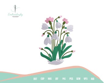 May include: An embroidery design featuring a cluster of snowdrop flowers with white petals, green stems and leaves, and pink buds and blossoms. The design is set against a white background, with the text "Embroideryby TOUSEEF" in the upper left corner.