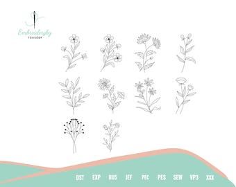 Botanische borduurontwerpen, 10 wilde bloemen lijntekeningenpatronen, weidebloem en bladdoodles, machineborduurbestand, Instant Download