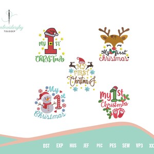 May include: A collection of Christmas-themed embroidery designs. The designs include the text "My 1st Christmas" with festive elements like a Santa hat, reindeer, snowman, and baby footprints. The designs are in red, green, and white.