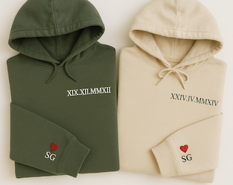 Roman Numeral Couple Hoodies, Anniversary Date Matching Hoodies, Personalized Initial Heart Sweatshirt, 1st Anniversary Gifts for Him