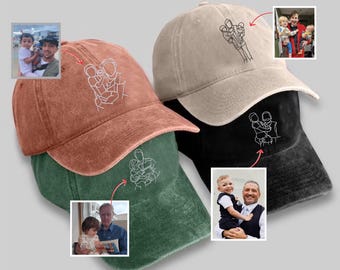 Embroidered Dad Portrait Hat, Custom Sketch Outline Cap, Grandpa Cap with Kids, Father’s Day Gift for Him, Personalized Photo Hat, Dad Gift