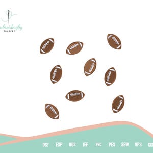 May include: A collection of brown and white football-shaped designs. The designs are scattered across a white background. The logo "Embroideryby TOUSEEF" is in the upper left corner. The bottom of the image has file type abbreviations.