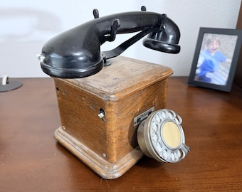 Antique French Wooden Crank Telephone – Burgunder Paris – Early 1900s Magneto Phone -Rotary Dial Conversion