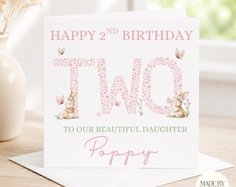 Personalised 2nd Birthday Card For Daughter,Granddaughter,Niece,Little Girl| Bunny 2nd Birthday Card |Second Birthday Card Girl|2nd Birthday