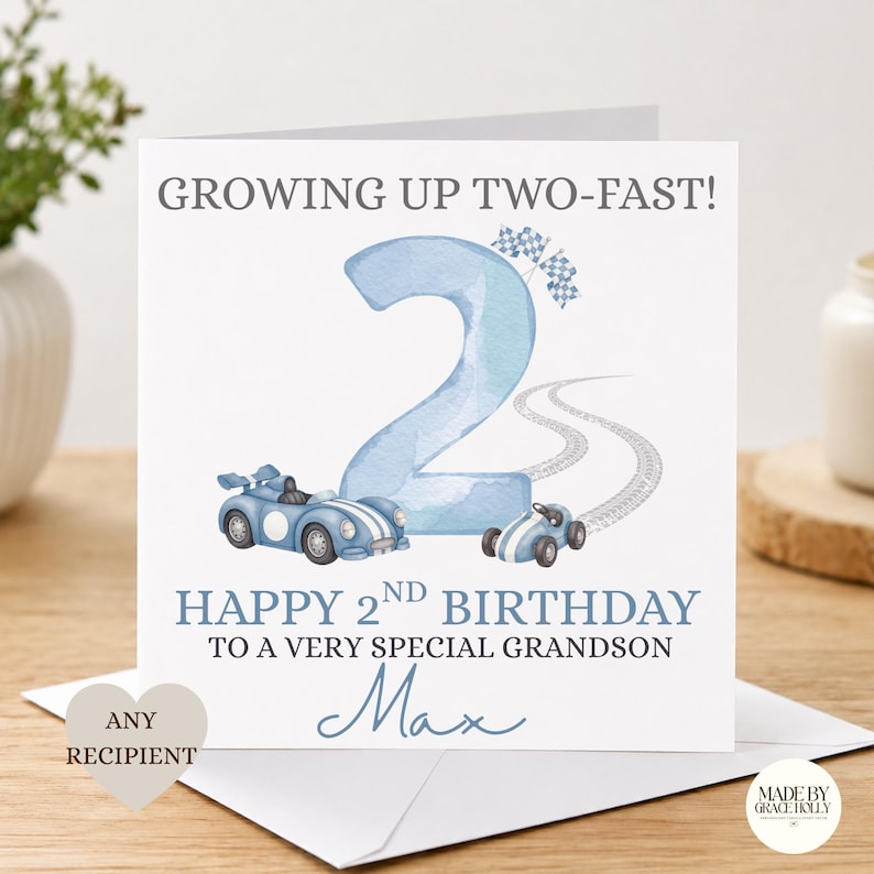 Tarjeta de cumpleaños personalizada para hijo, nieto, sobrino, niño pequeño / Tarjeta de cumpleaños "Dos rápidos" / Tarjeta de cumpleaños de coche / Tarjeta de cumpleaños de segundo cumpleaños / Dos rápidos imagen 5
