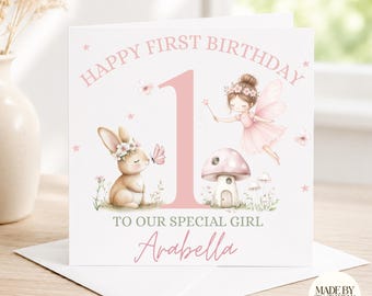 Personalised 1st Birthday Card Girl|Fairy 1st Birthday Card|Woodland Birthday Card| First Birthday Card for Daughter,Granddaughter,Niece