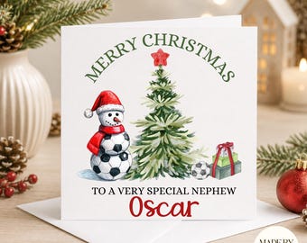 Tarjeta de Navidad de fútbol personalizada / Tarjeta de Navidad con nombre personalizado / Tarjeta de Navidad de fútbol para cualquier destinatario / Tarjeta de Feliz Navidad / Tarjeta de Navidad para niño