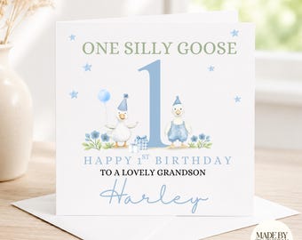 Tarjeta de primer cumpleaños personalizada para niño / Tarjeta de un ganso gracioso / Tarjeta de primer cumpleaños de ganso / Tarjeta de primer cumpleaños para hijo, nieto, sobrino / Edad 1