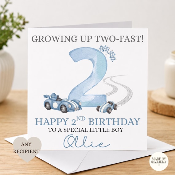 Personalised Birthday Card For 2nd Birthday| Growing Up Two Fast| 2nd Birthday Card|Car Birthday Card|Second Birthday Card for Any Recipient