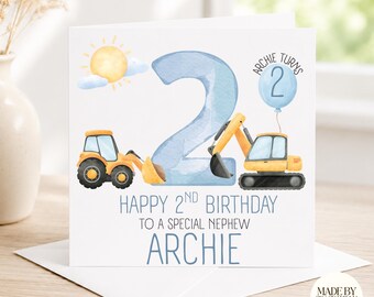 Personalised 2nd Birthday Card For Son,Nephew,Grandson, Boy | Digger Theme Birthday Card |Truck Theme Birthday Card|3rd Birthday Card |Age 2