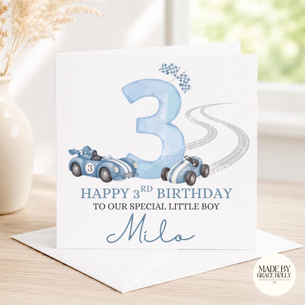 Tarjeta de cumpleaños personalizada para hijo, nieto, sobrino, niño, niño pequeño / Tarjeta de tercer cumpleaños / Tarjeta de cumpleaños de coche de carreras / Tarjeta de tercer cumpleaños