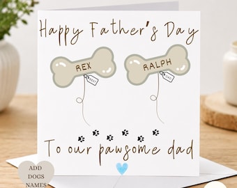 May include: A square greeting card with the text Happy Father's Day and To our pawsome dad in brown script. The design features two beige dog bones labeled Rex and Ralph, each with a small tag reading Best and Dad, plus black paw prints and a blue heart.