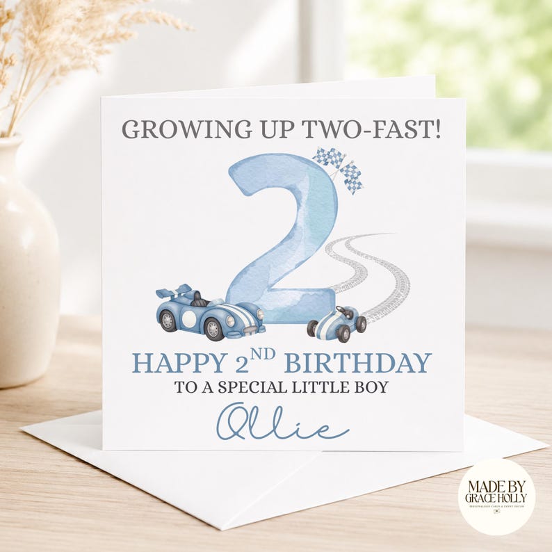 Tarjeta de cumpleaños personalizada para hijo, nieto, sobrino, niño pequeño / Tarjeta de cumpleaños "Dos rápidos" / Tarjeta de cumpleaños de coche / Tarjeta de cumpleaños de segundo cumpleaños / Dos rápidos imagen 1