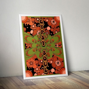 Póster con impresión de tipografía hippie psicodélica de los años 70, arte, decoración, regalo, varios tamaños, maximalismo, retro, psicodélico, funky, bohemio, estético, de Gypsy Soul