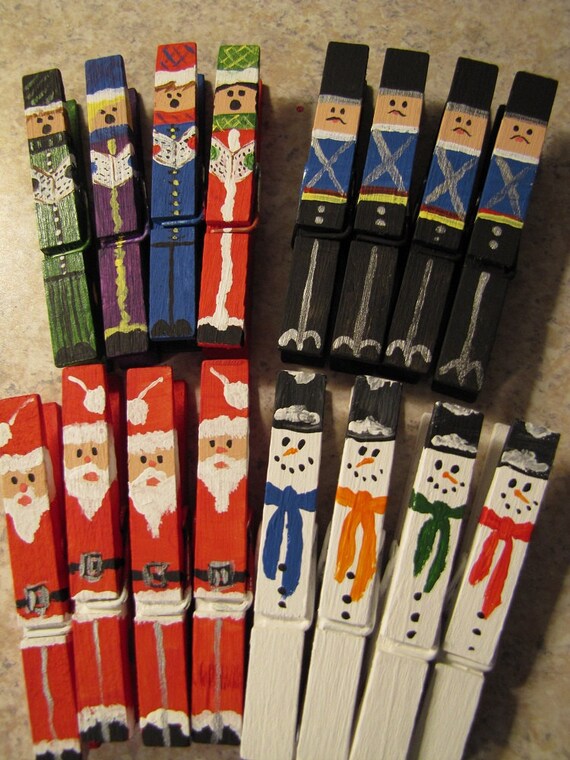 Set of 16 hand painted Christmas Clothespins Santas Snowmen Etsy