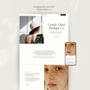 May include: A website template design for Squarespace 7.1 featuring a landing page layout with a header, hero section with a straw hat image, and text sections titled Gentle Mind Therapy Co. and Your Guide To Healing & Inner Peace.