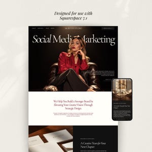 Könnte beinhalten: Ein Website-Template-Design für Squarespace 7.1 mit einem Hero-Bereich mit dem Text Social Media Marketing, einer Person in einer roten Bluse in einem Ledersessel und einem Smartphone-Mockup, das die Website auf einem kleinen Bildschirm zeigt.