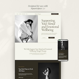 Könnte beinhalten: Ein Website-Template für Squarespace 7.1 mit einer neutralen Farbpalette, dunkelbraunen und cremefarbenen Bereichen. Das Layout umfasst Typografie, Bilder einer Person und ein mobiles Gerät, das dieselbe Benutzeroberfläche anzeigt.