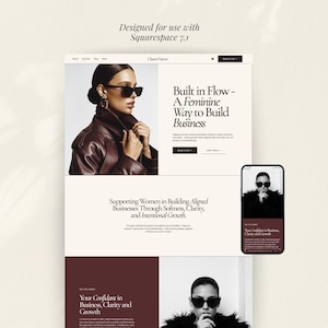 Pode incluir: Um design de modelo de site para Squarespace 7.1 com um layout em uma paleta de cores marrom escuro e creme. O design inclui tipografia, seções para texto comercial e imagens de uma pessoa usando óculos de sol e uma jaqueta escura.