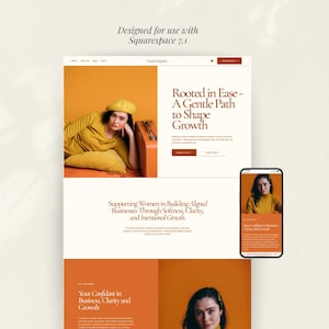 Peut inclure: Maquette de conception de site web sur ordinateur et smartphone, avec une femme en jaune. La conception comprend le texte "Rooted in Ease - A Gentle Path to Shape Growth" et "Supporting Women in Building Aligned Businesses".