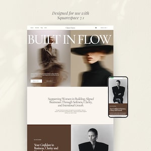 May include: A website design displayed on a desktop and a smartphone. The website features the text "BUILT IN FLOW" and the tagline "Supporting Women in Building Aligned Businesses Through Softness, Clarity, and Intentional Growth."