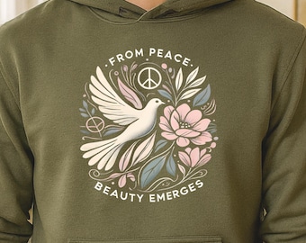 De la paz emerge la belleza. Sudadera con capucha Gildan 18500 - Sudadera unisex tipo jersey, sudadera con capucha de ajuste cómodo, regalo para la atención plena y la paz.