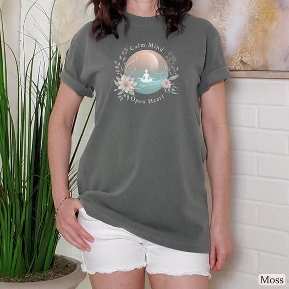 Floral Yoga T-Shirt: Calm Mind Open Heart Meditative Design