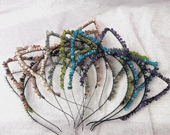 Crystal Kitty Cat Ears Headband, Natural Crystals Gemstone Chips Headpiece, Unique and Kitty Tiara, Gifts for Cat Lovers